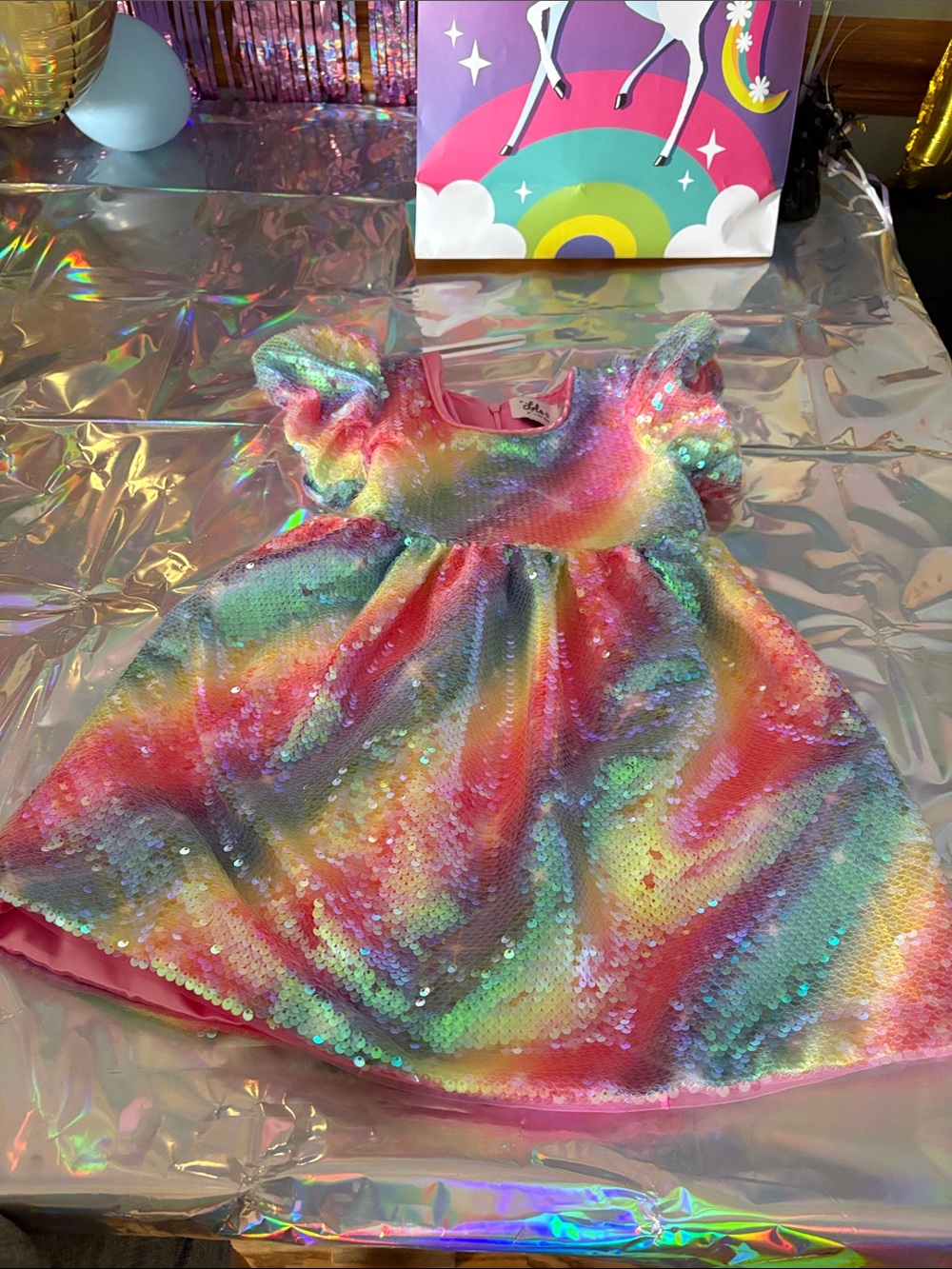 lola Rainbow Sequin Puff-Sleeve Dress